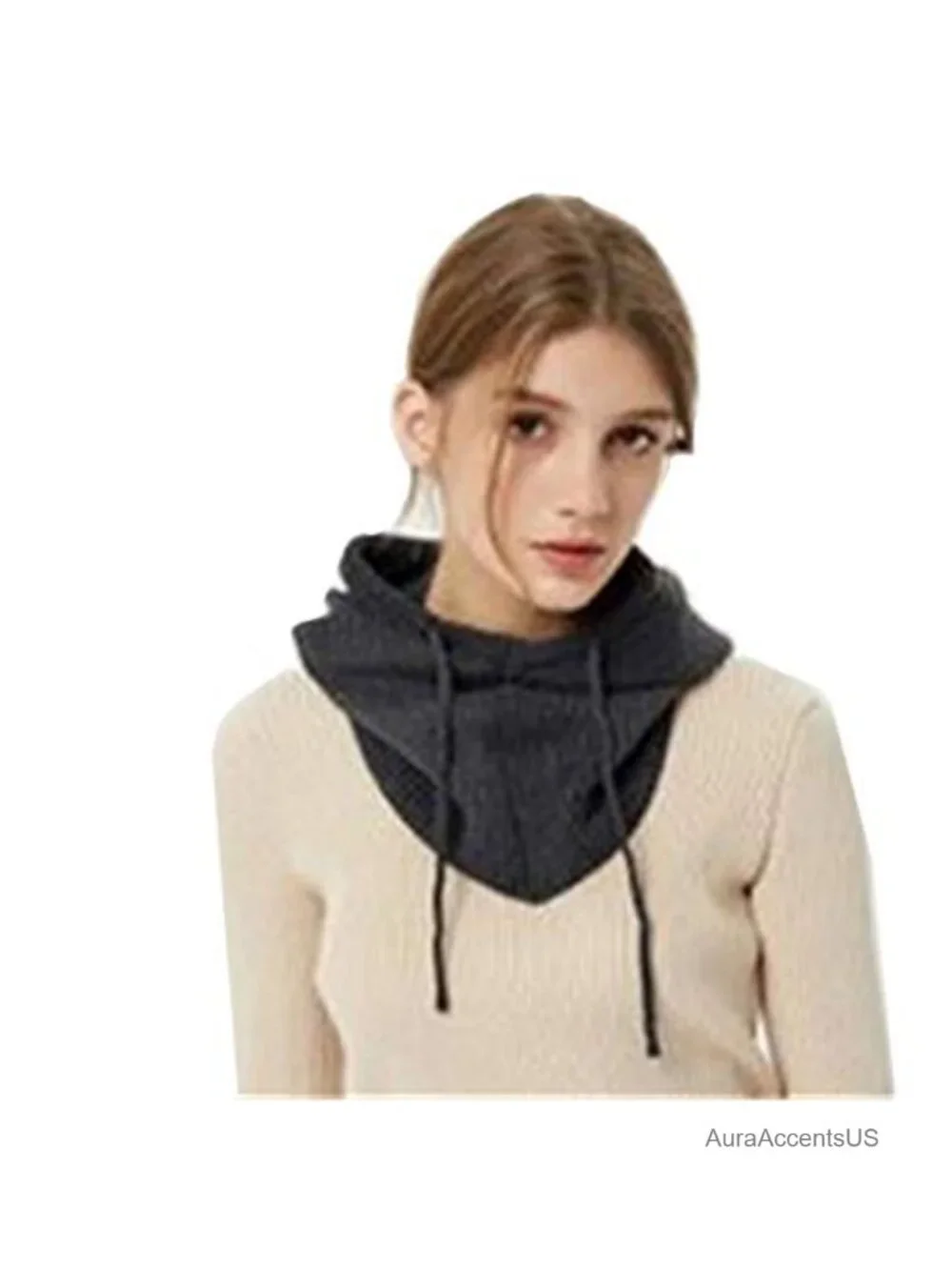 Warm Knitted One Piece Hat and Scarf Hoodie with Drawstring for Winter Outdoor